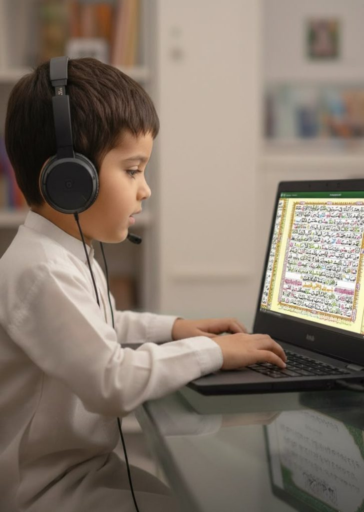 Child learning Surah An Nisa online with headphones and Quran app