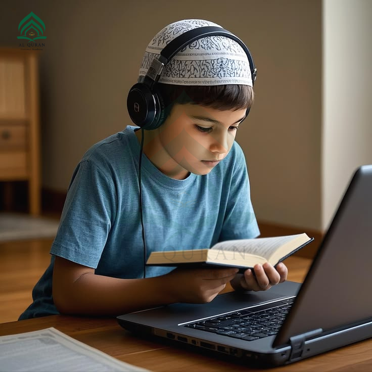 Boy reading Quran with online Quran tutor on laptop