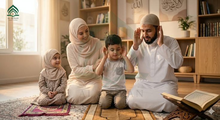 
A Muslim family including parents and children sitting together at home learning Salah and Quran. AlQuranConnect serves Urdu speaking Muslim families in the US and UK with tutors who understand their language and cultural needs