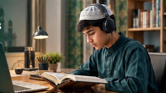 Young Muslim boy in a white kufi attending a one-to-one online Quran lesson at a laptop